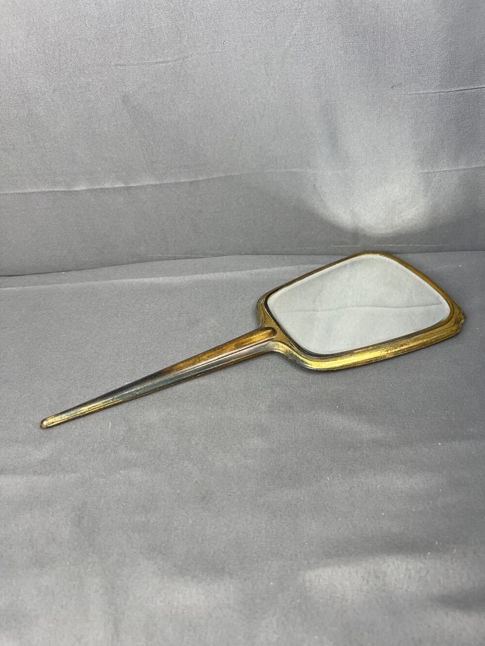 Vintage Golden Hand Held Vanity Mirror Art Deco Brass Bronze Patina 12"